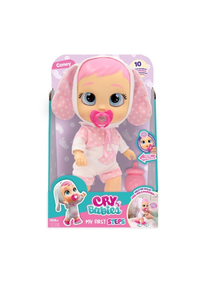 Cry Babies My First Steps Walking Baby Doll - Coney | Makes 10+ Realistic Baby Sounds | Take Her Hand and Guide Her Forward  |Interactive Baby Doll | Collectible Soft Doll | Nurturing and Imaginative Play | Sensory Development | Gift for Toddler & Kids - Image 1